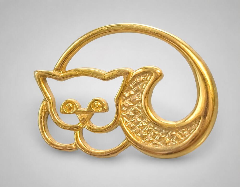 Small Gold- & Silver-tone Kitty Kat Lapel Pin, Signed Avon Pin Back